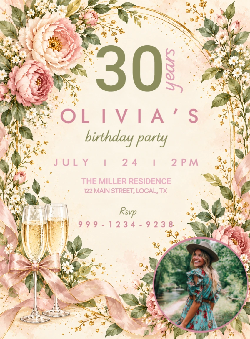 Elegant Floral 30th Birthday Invitation Template Elegant Floral 30th Birthday Invitation Template