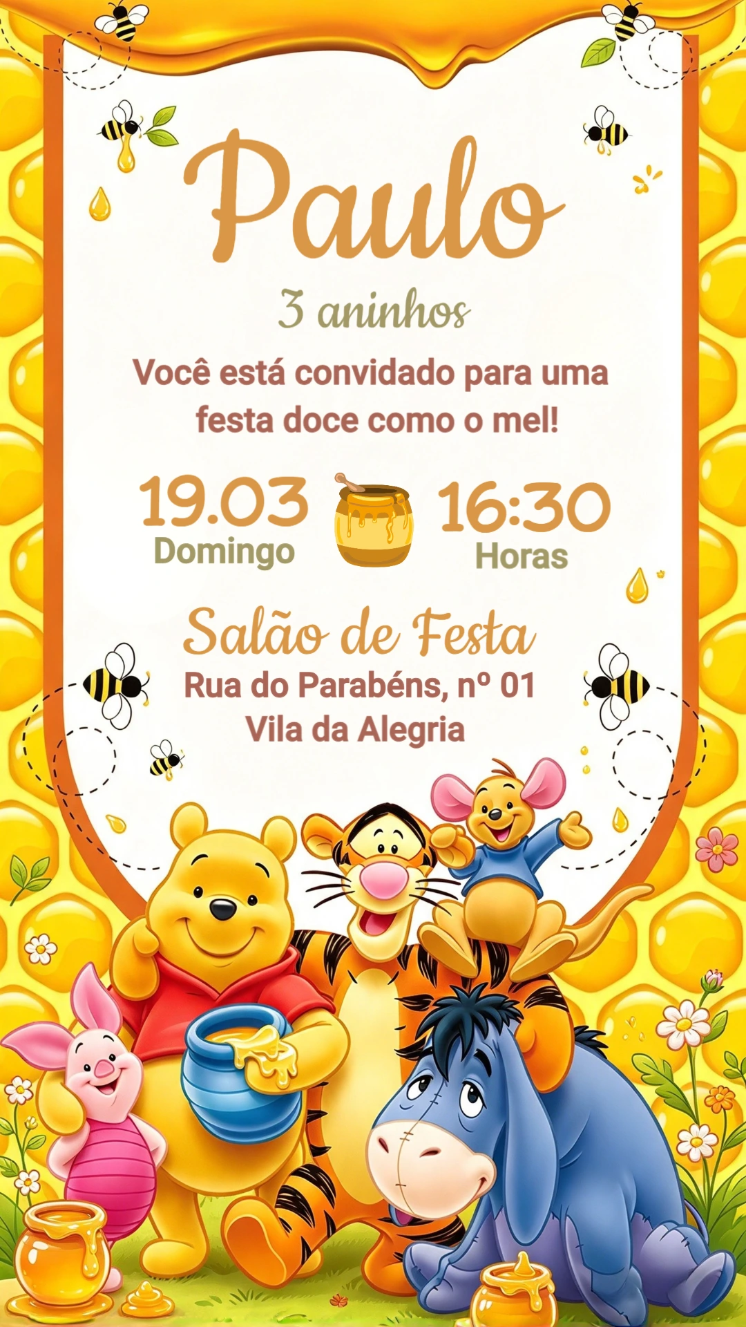 Convite de Aniversário Ursinho Pooh Doce como Mel Editável Convite de Aniversário Ursinho Pooh Doce como Mel Editável