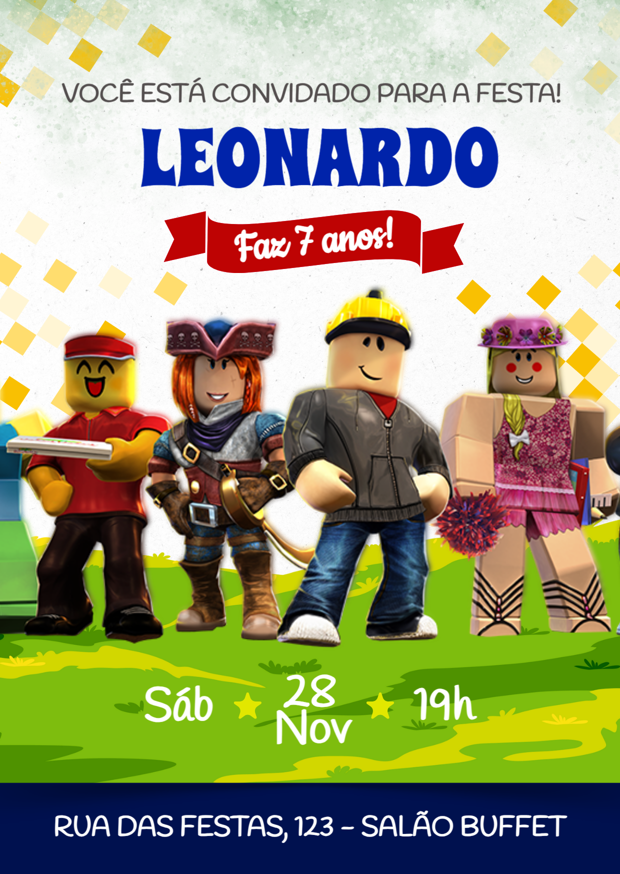 Convite de Aniversário Roblox com Personagens para Editar Online Convite de Aniversário Roblox com Personagens para Editar Online