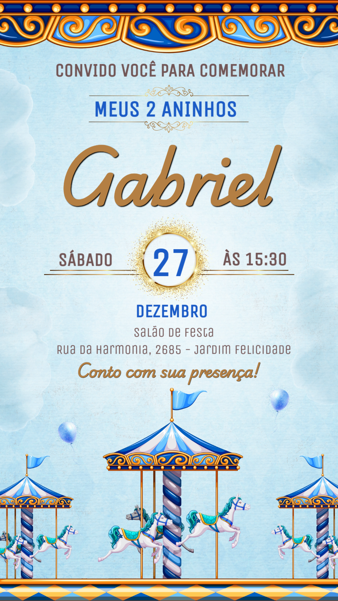 Convite de Aniversário Carrossel Azul para Editar Online Convite de Aniversário Carrossel Azul para Editar Online