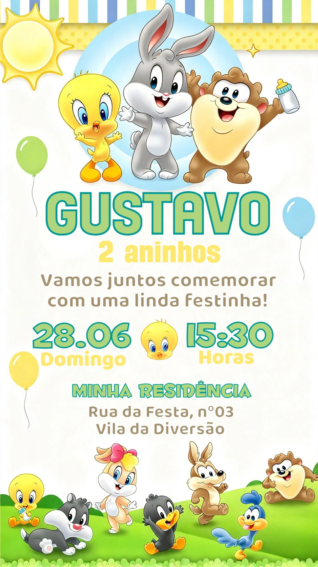 Convite de Aniversário Baby Looney Tunes Modelo Editável Infantil Convite de Aniversário Baby Looney Tunes Modelo Editável Infantil