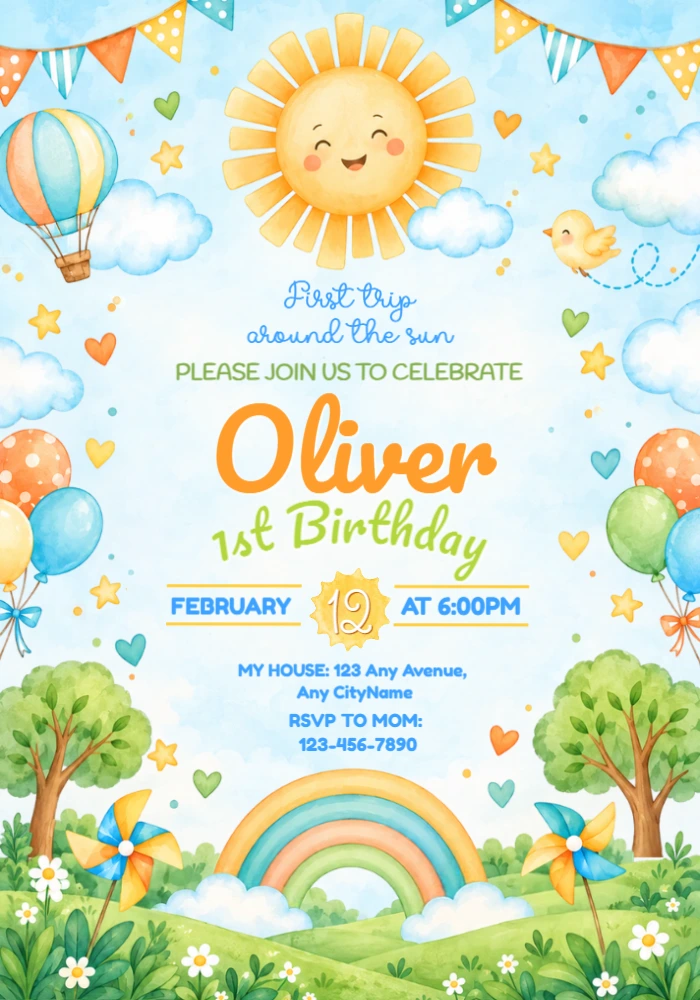 First Trip Around the Sun 1st Birthday Editable Invitation First Trip Around the Sun 1st Birthday Editable Invitation