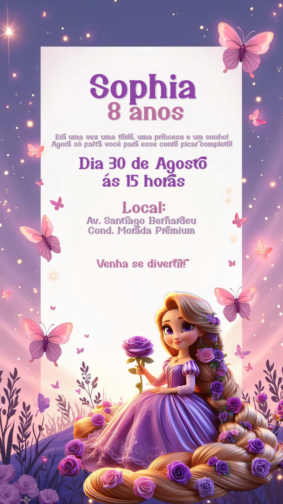 Convite de Aniversário Rapunzel Editável para Enviar Online Convite de Aniversário Rapunzel Editável para Enviar Online
