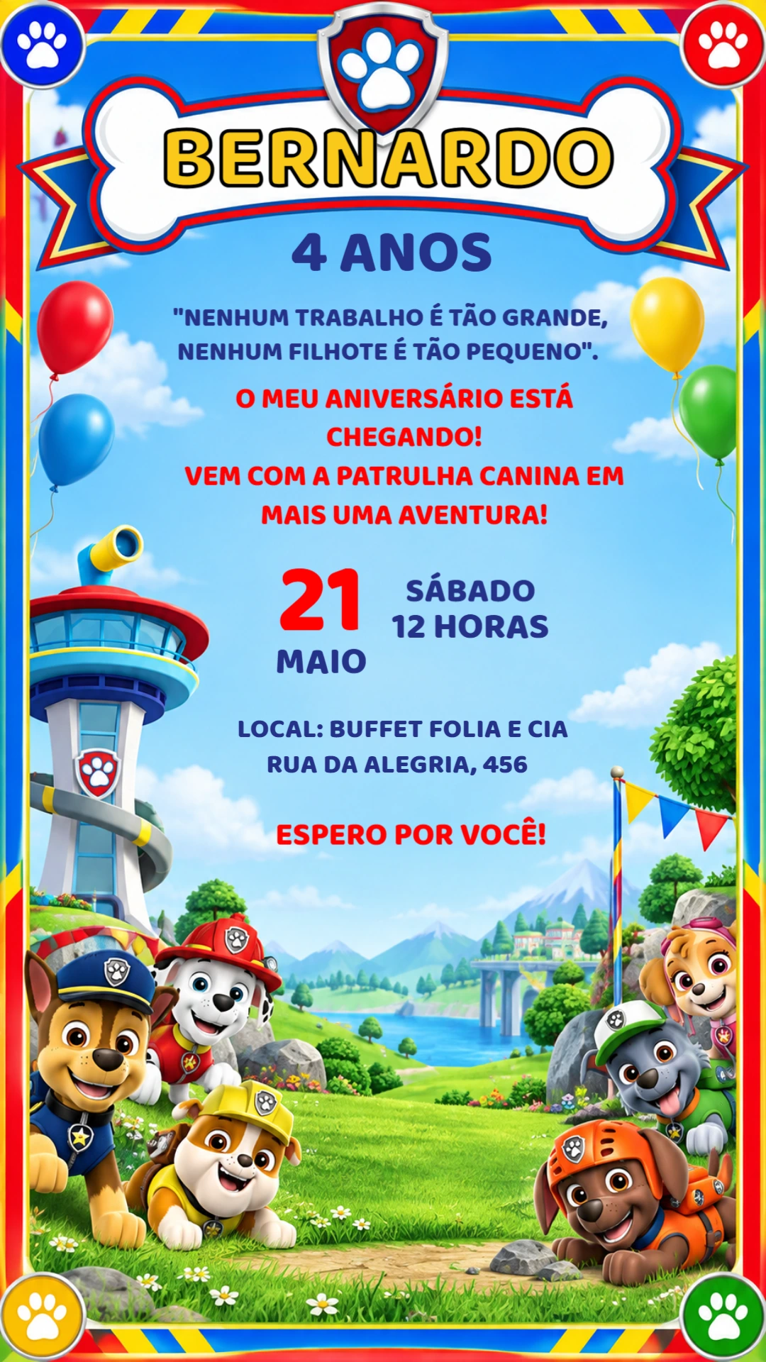 Convite de Aniversário Patrulha Canina para Menino Editável Convite de Aniversário Patrulha Canina para Menino Editável
