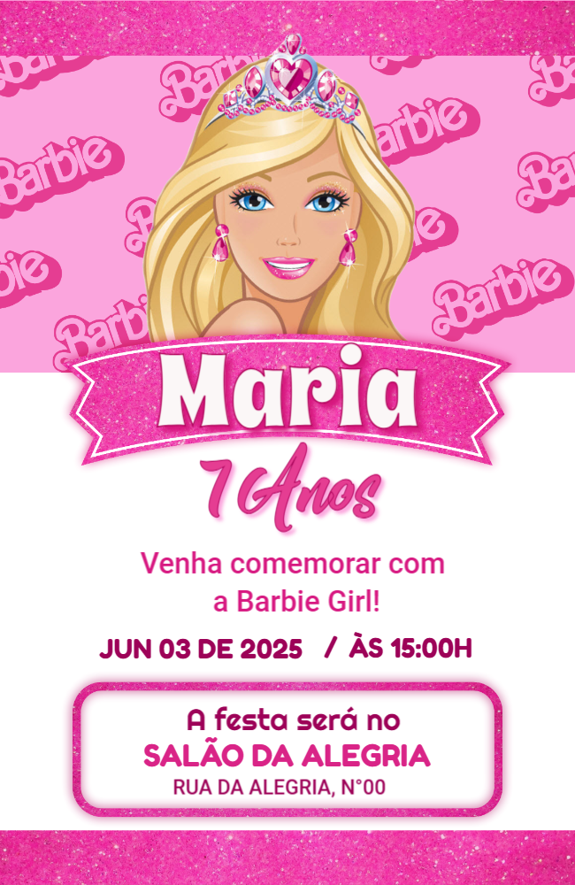 Convite de Aniversário Barbie para Editar Online Convite de Aniversário Barbie para Editar Online