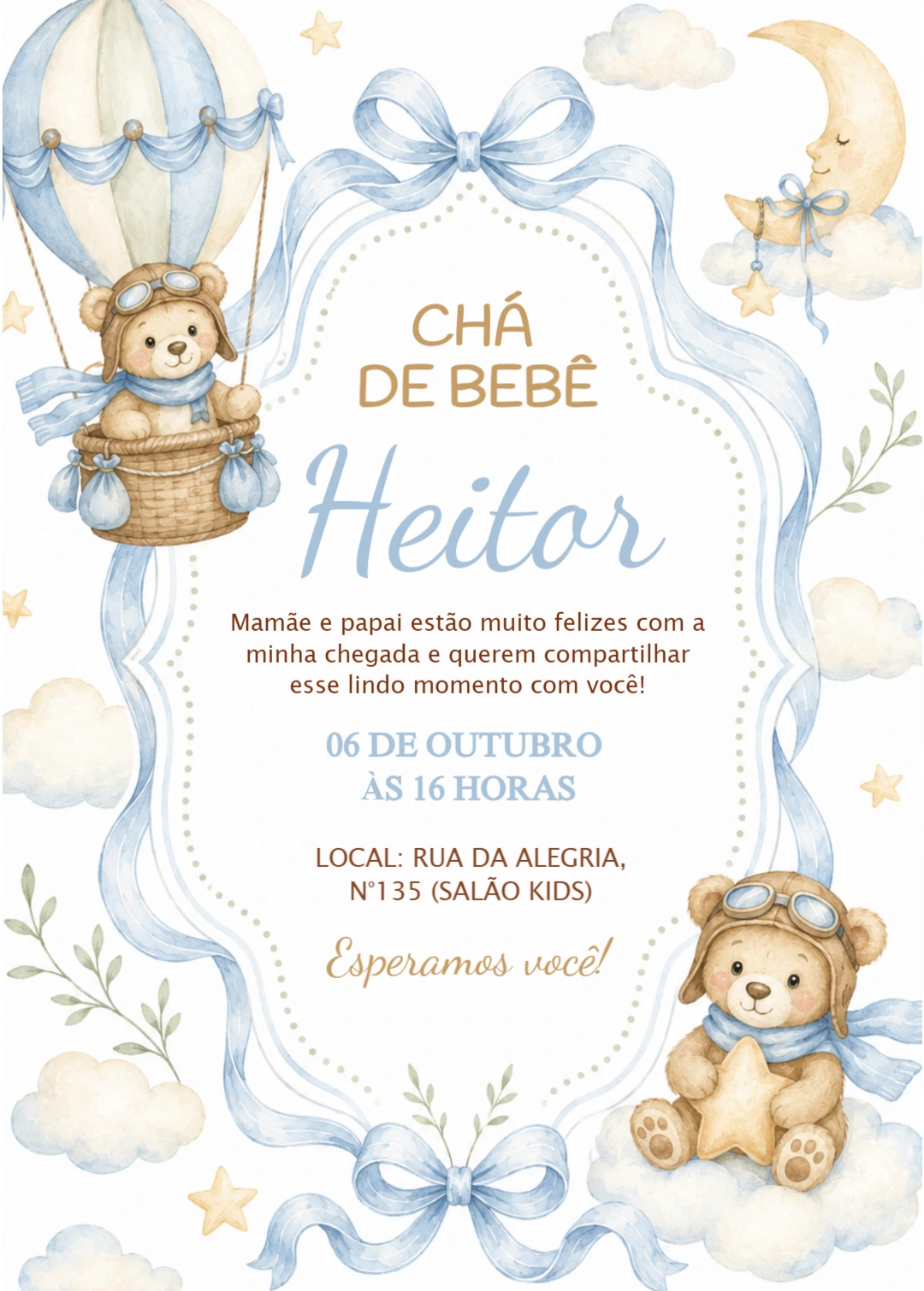 Convite Chá de Bebê Ursinho Aviador para Editar Online Convite Chá de Bebê Ursinho Aviador para Editar Online