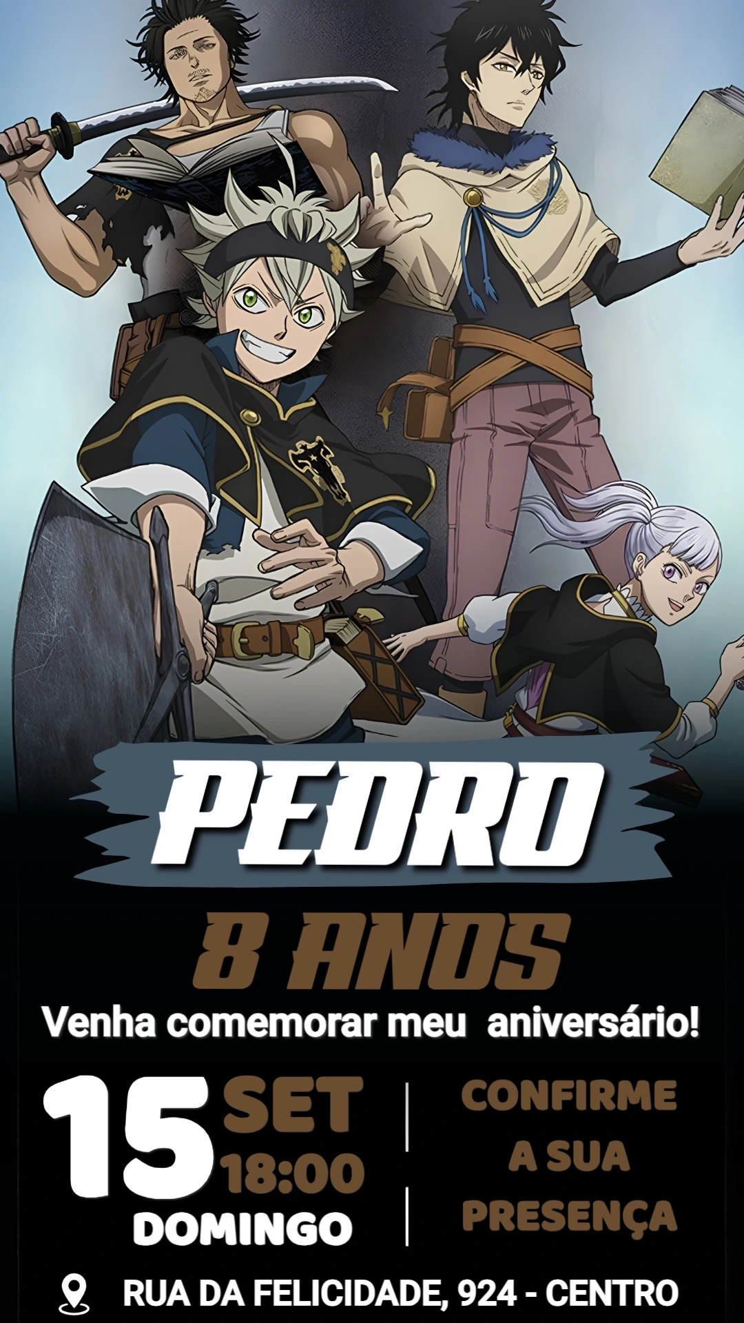 Convite de Aniversário Black Clover Editável para Festa de Menino Convite de Aniversário Black Clover Editável para Festa de Menino
