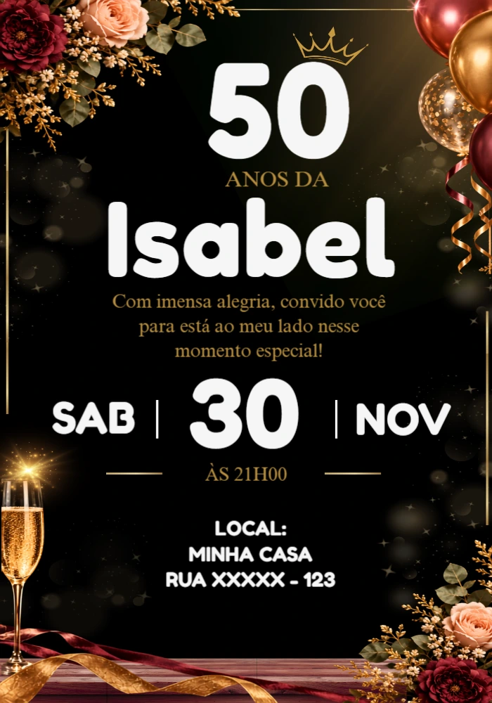 Convite Aniversário 50 Anos Elegante Preto e Dourado Editável Convite Aniversário 50 Anos Elegante Preto e Dourado Editável