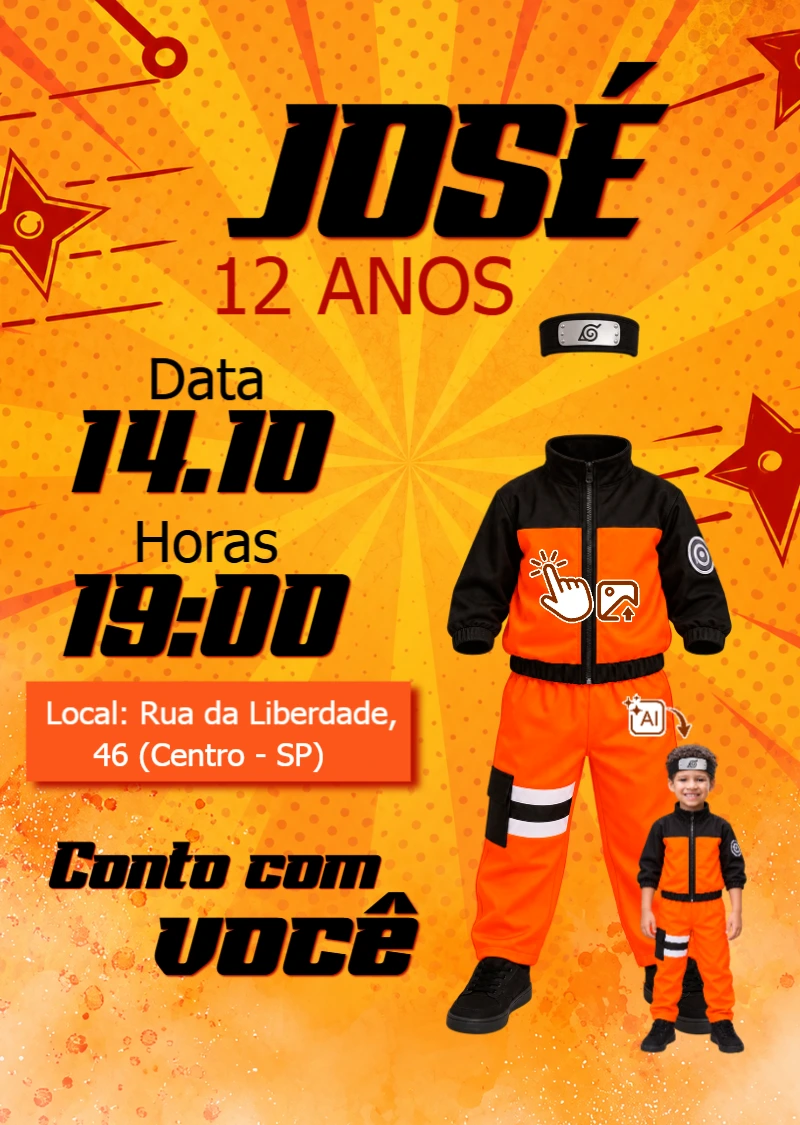 Vire um Ninja! Convite Naruto com Foto IA Editável Vire um Ninja! Convite Naruto com Foto IA Editável