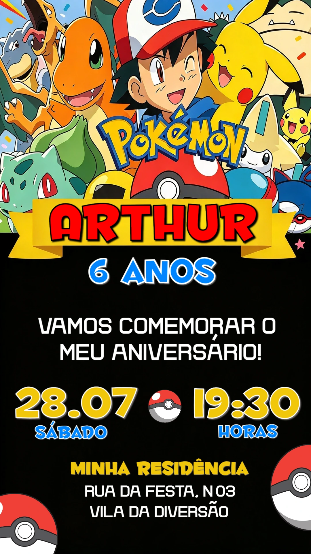 Convite de Aniversário Pokémon Editável com Ash e Pikachu Convite de Aniversário Pokémon Editável com Ash e Pikachu