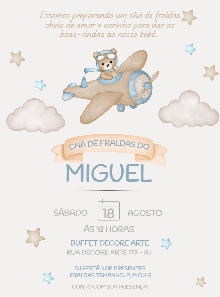 Convite Chá de Bebê Ursinho Aviador para Editar Online Convite Chá de Bebê Ursinho Aviador para Editar Online