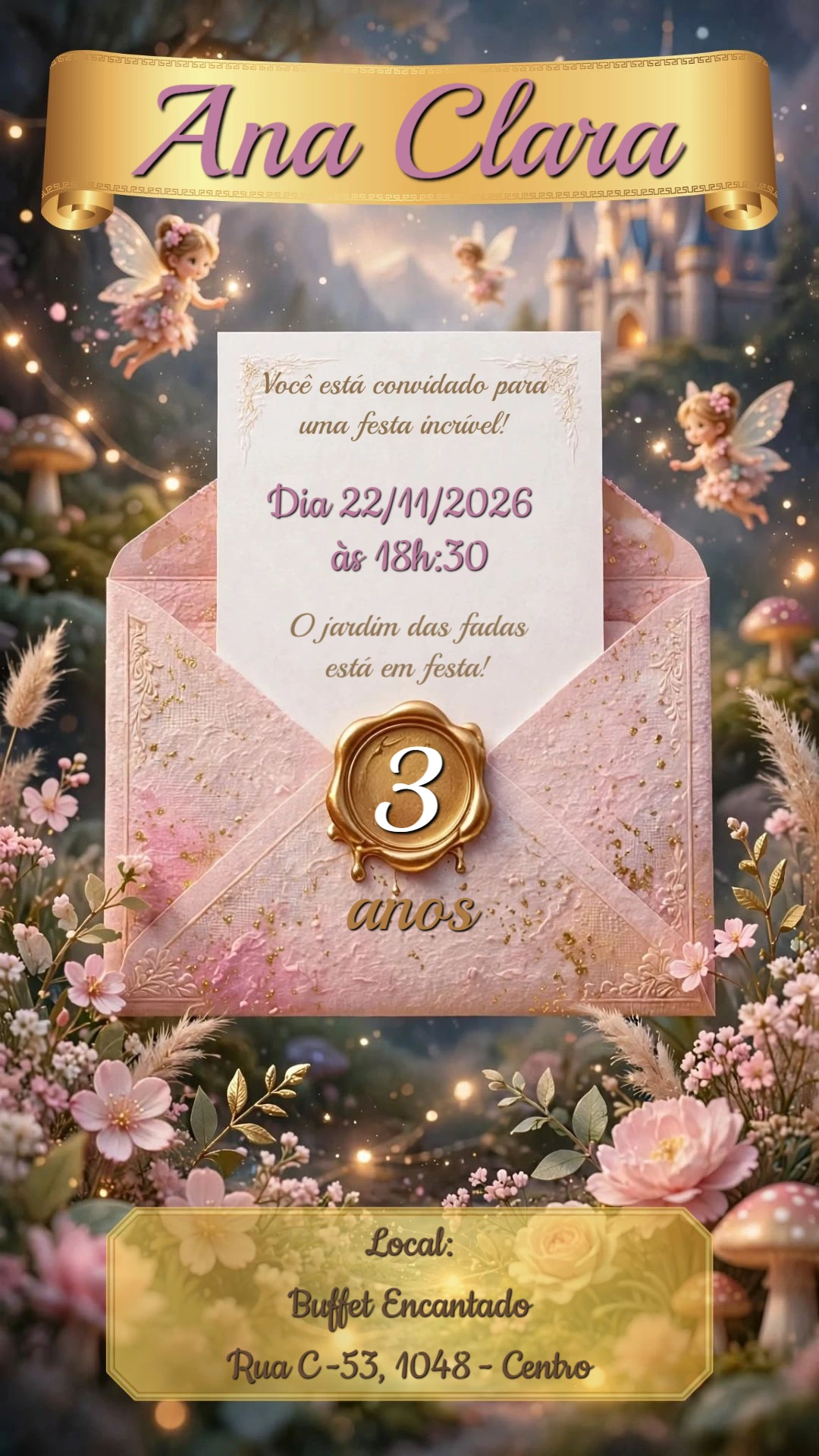 Convite de Aniversário Jardim das Fadas Mágico para Editar Convite de Aniversário Jardim das Fadas Mágico para Editar