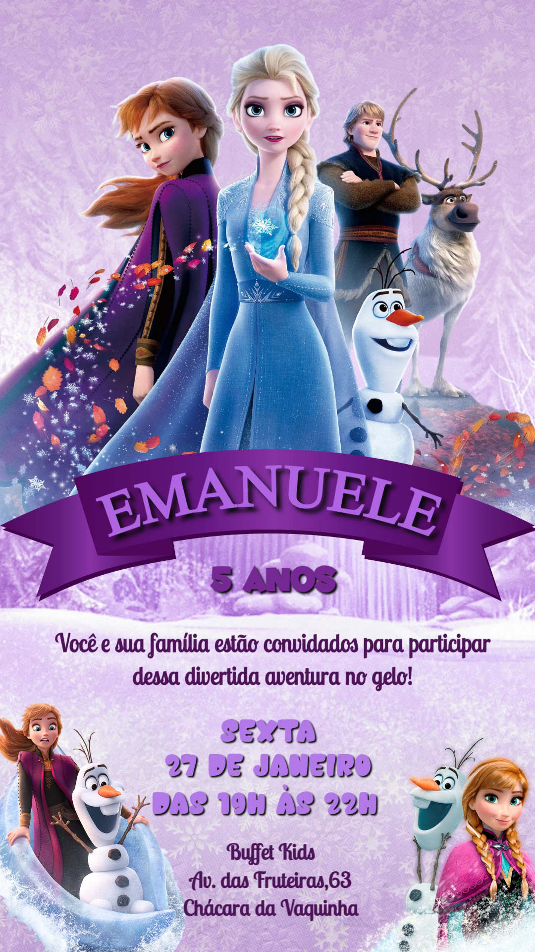 Convite de Aniversário Frozen com Personagens para Editar