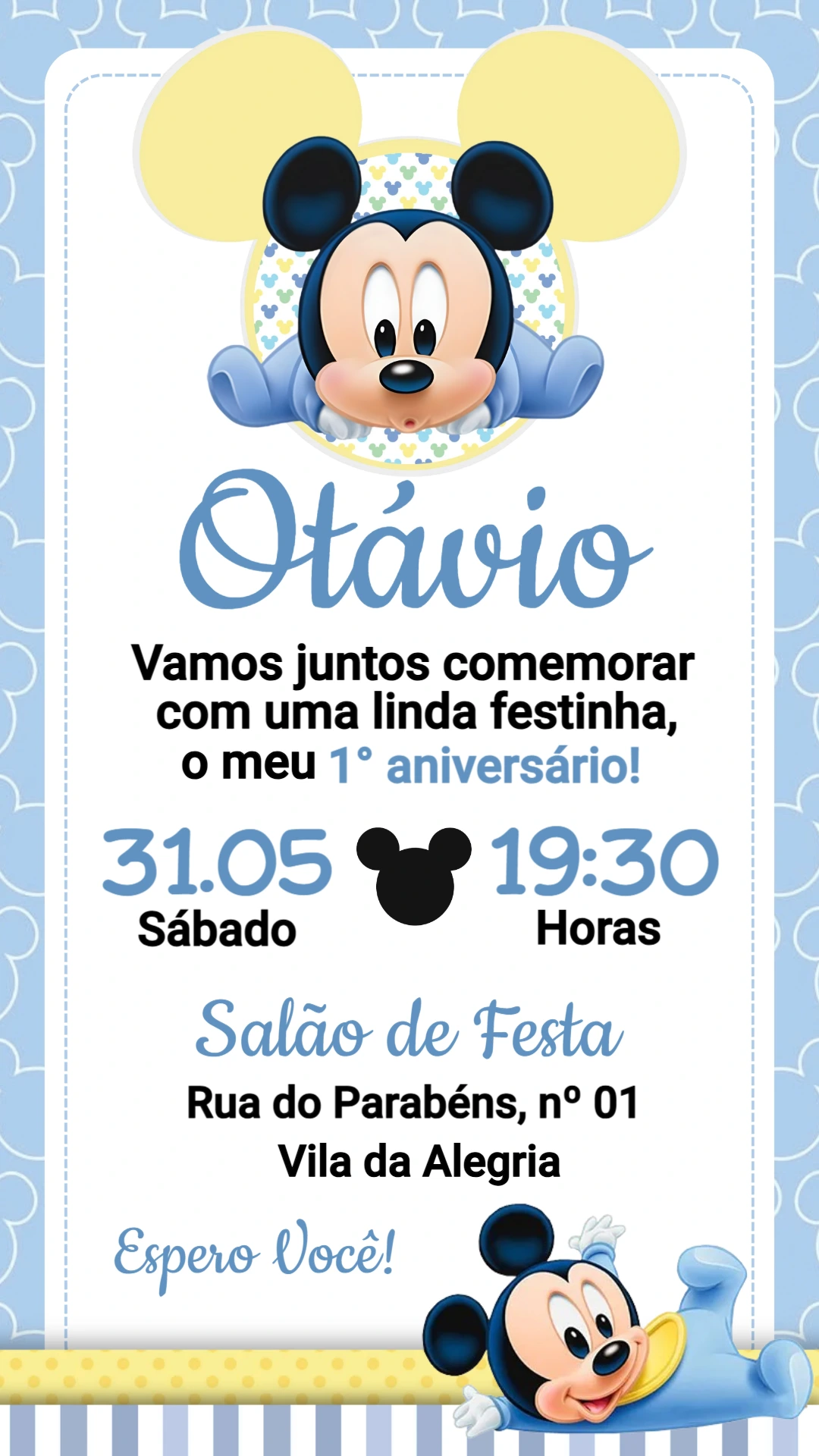 Convite de Aniversário Mickey Baby Azul para Editar Online Convite de Aniversário Mickey Baby Azul para Editar Online