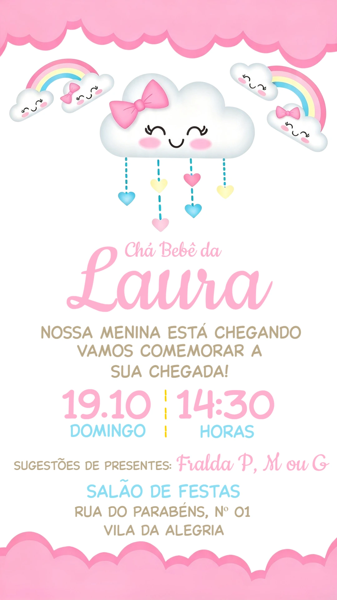 Convite Chá de Bebê Chuva de Amor Menina Editável Convite Chá de Bebê Chuva de Amor Menina Editável