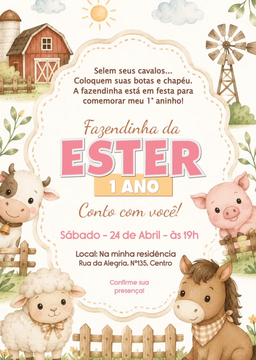 Convite de Aniversário Fazendinha Aquarela para Editar Online Convite de Aniversário Fazendinha Aquarela para Editar Online