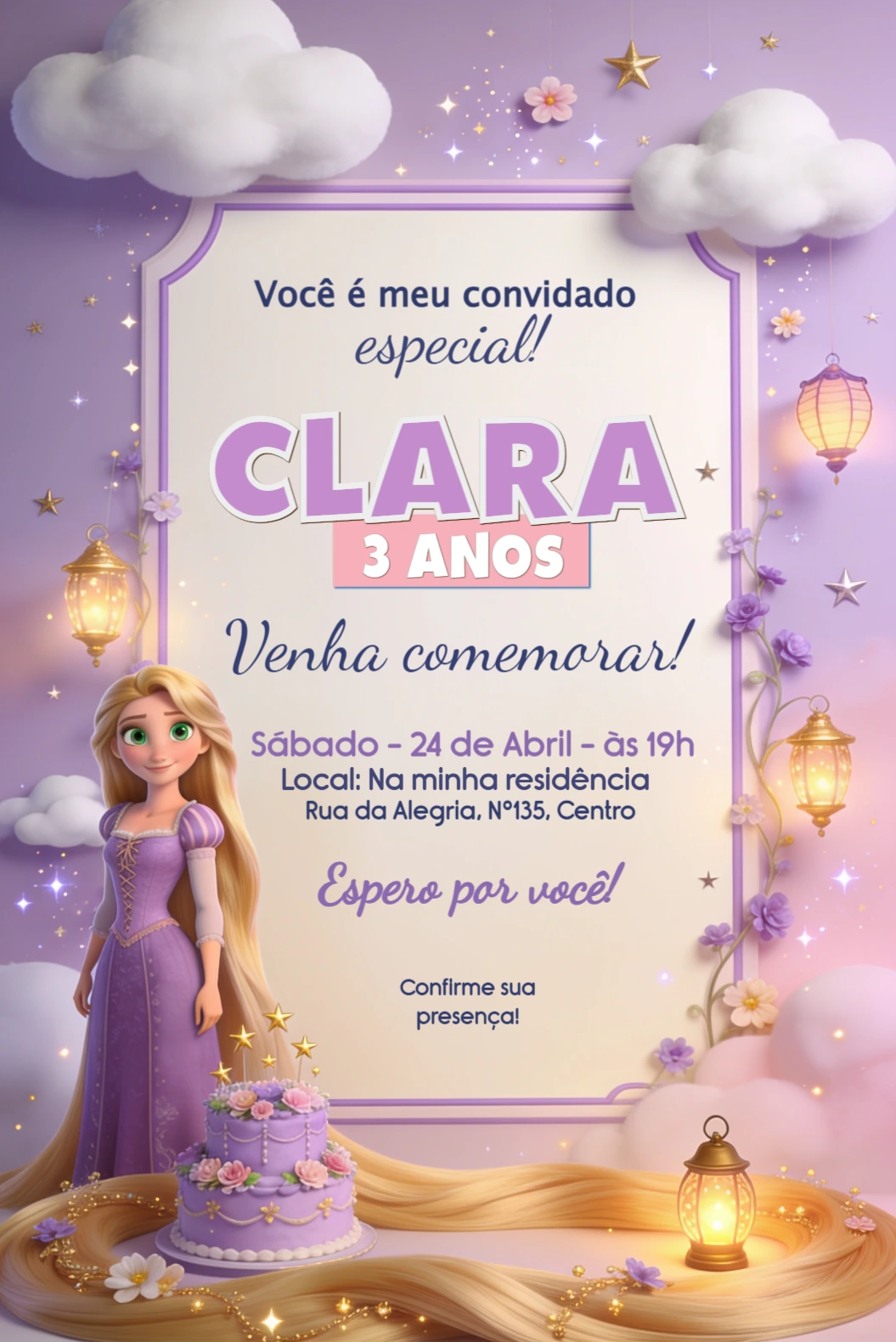Convite de Aniversário Rapunzel Enrolados Lilás para Editar Convite de Aniversário Rapunzel Enrolados Lilás para Editar