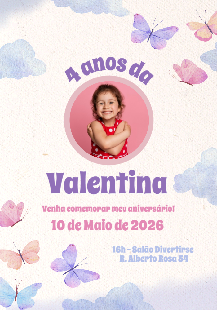 Convite de Aniversário Borboletas com Foto para Editar Online