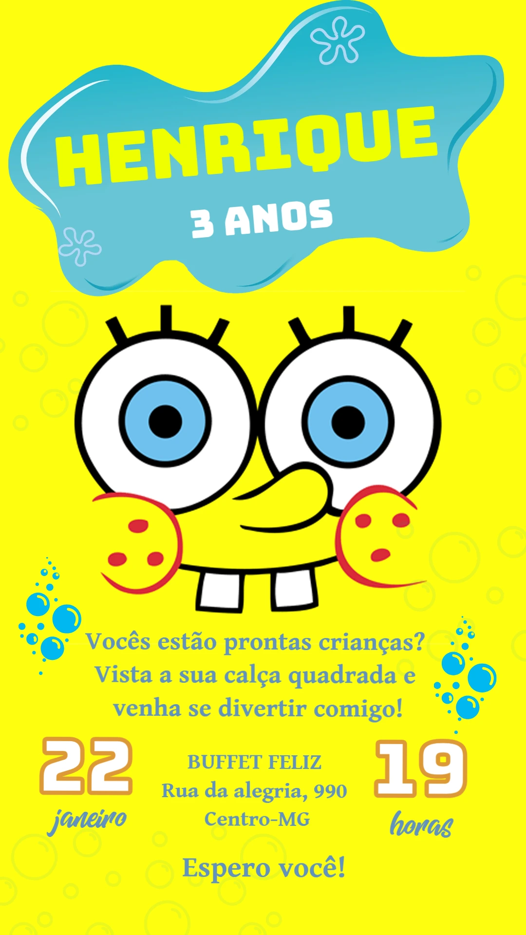 Convite de Aniversário Bob Esponja Digital para Editar Convite de Aniversário Bob Esponja Digital para Editar