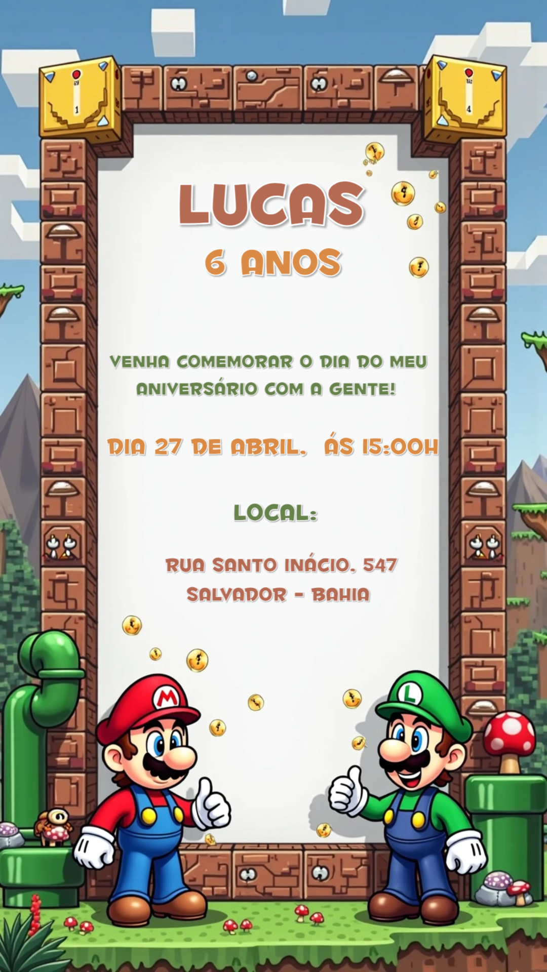 Convite Aniversário Super Mario com Personagens para Editar Online Convite Aniversário Super Mario com Personagens para Editar Online