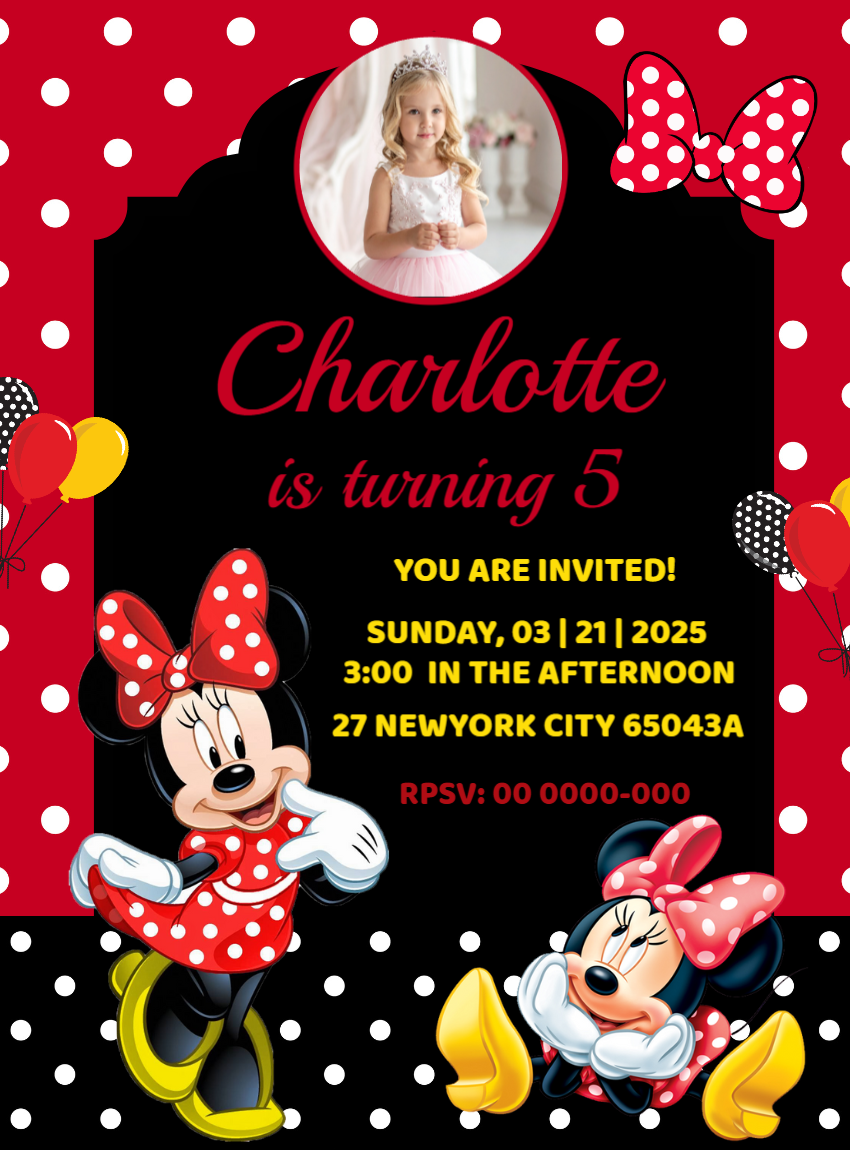 Editable Minnie Mouse Birthday Invitation with Red Polka Dots - Online ...