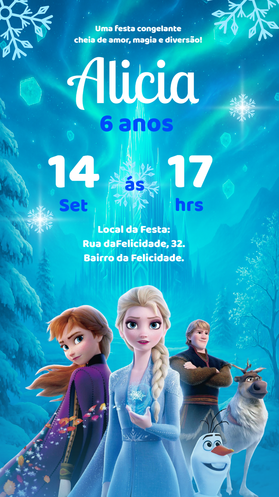 Convite Aniversário Frozen com Personagens para Editar Online