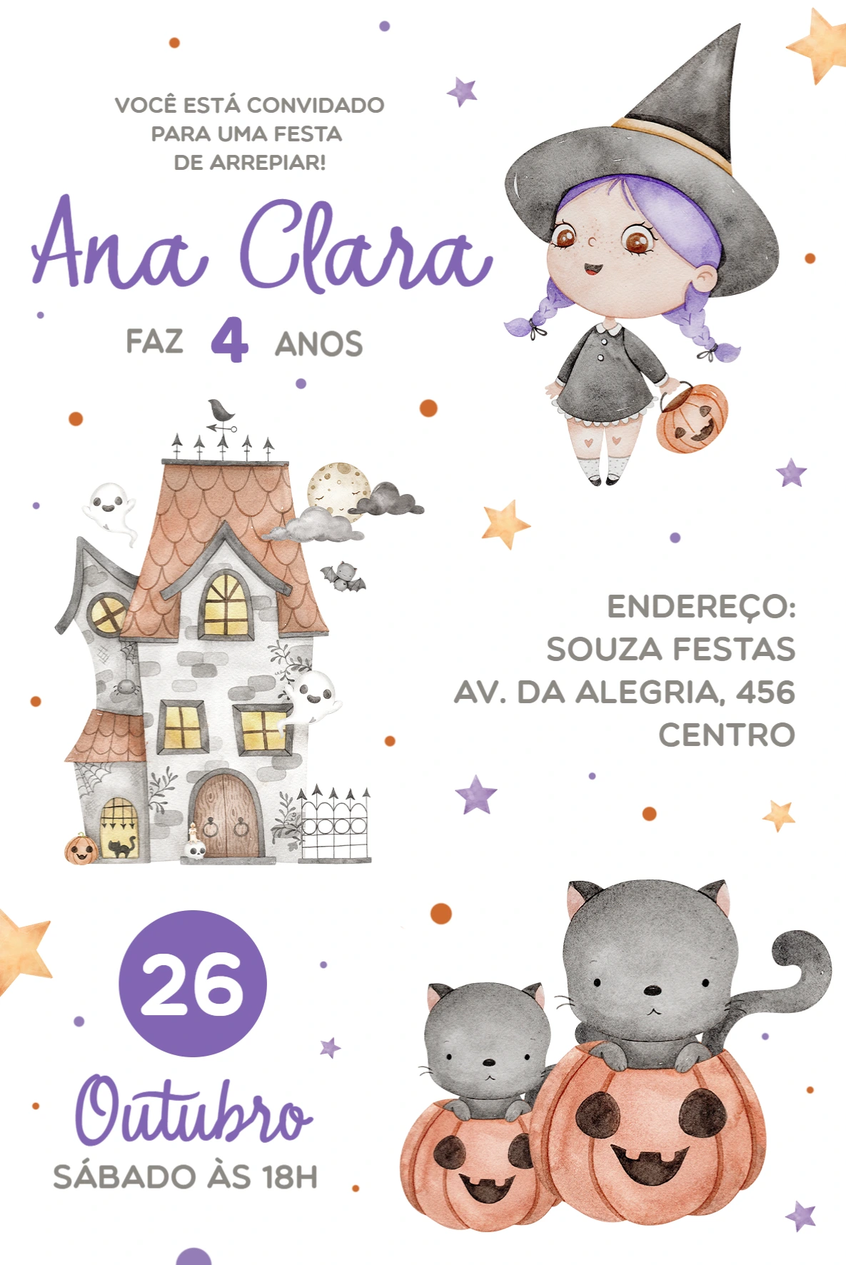 Convite de Aniversário Halloween Bruxinha Aquarela Editável Convite de Aniversário Halloween Bruxinha Aquarela Editável