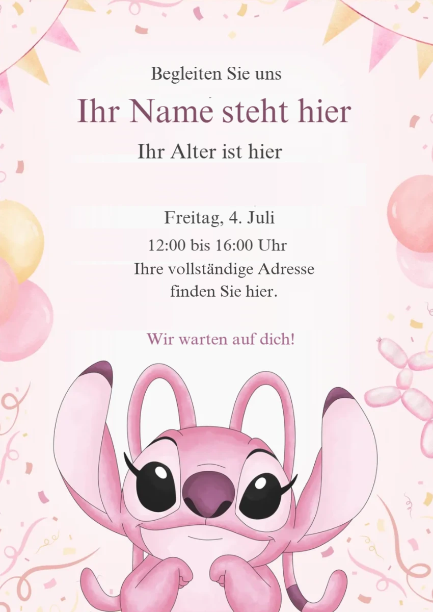 Angel (Stitch) Geburtstagseinladung Rosa zum Bearbeiten Angel (Stitch) Geburtstagseinladung Rosa zum Bearbeiten