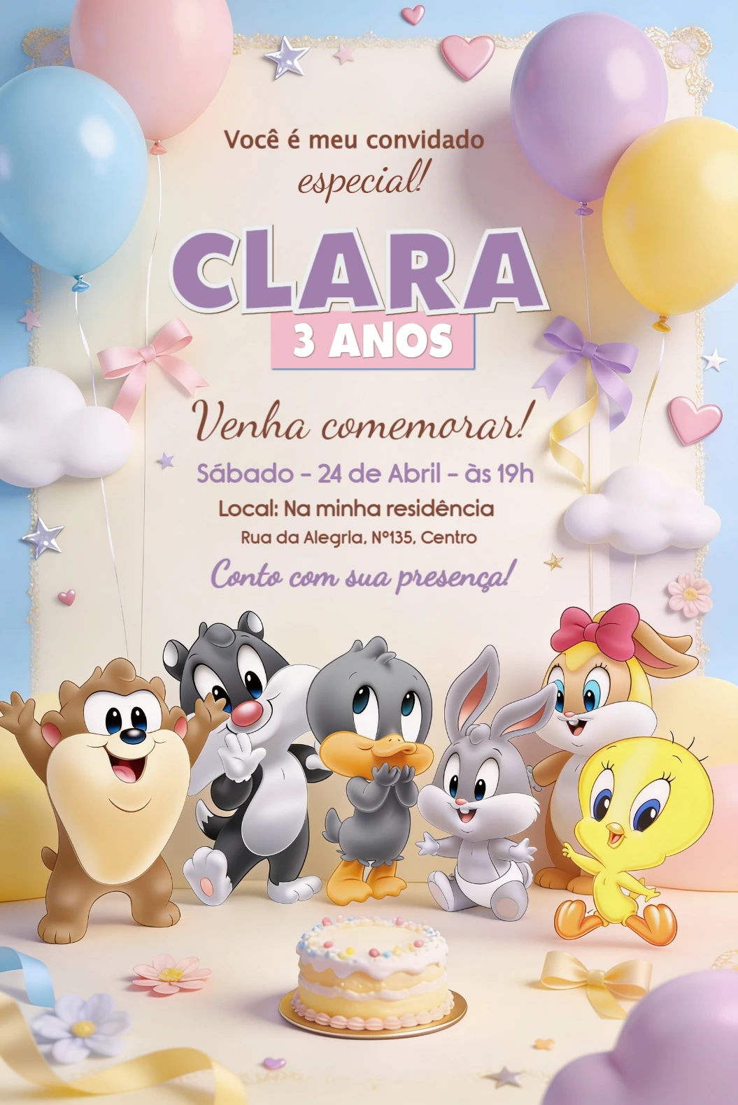 Convite de Aniversário Baby Looney Tunes para Editar Online Convite de Aniversário Baby Looney Tunes para Editar Online