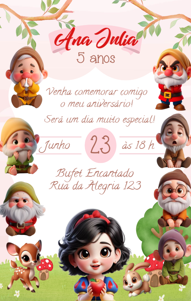 Convite Aniversário Branca de Neve Editável Online