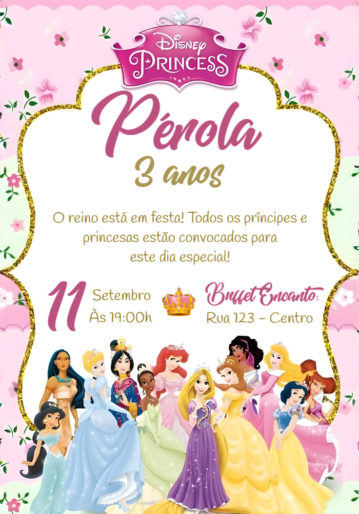 Convite Aniversário Princesas Disney para Editar Online