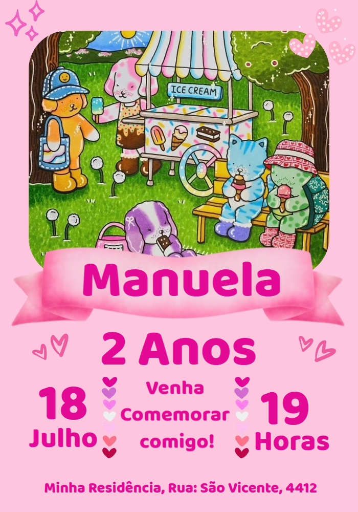 Convite de Aniversário Animais Fofos Estilo Desenho para Editar