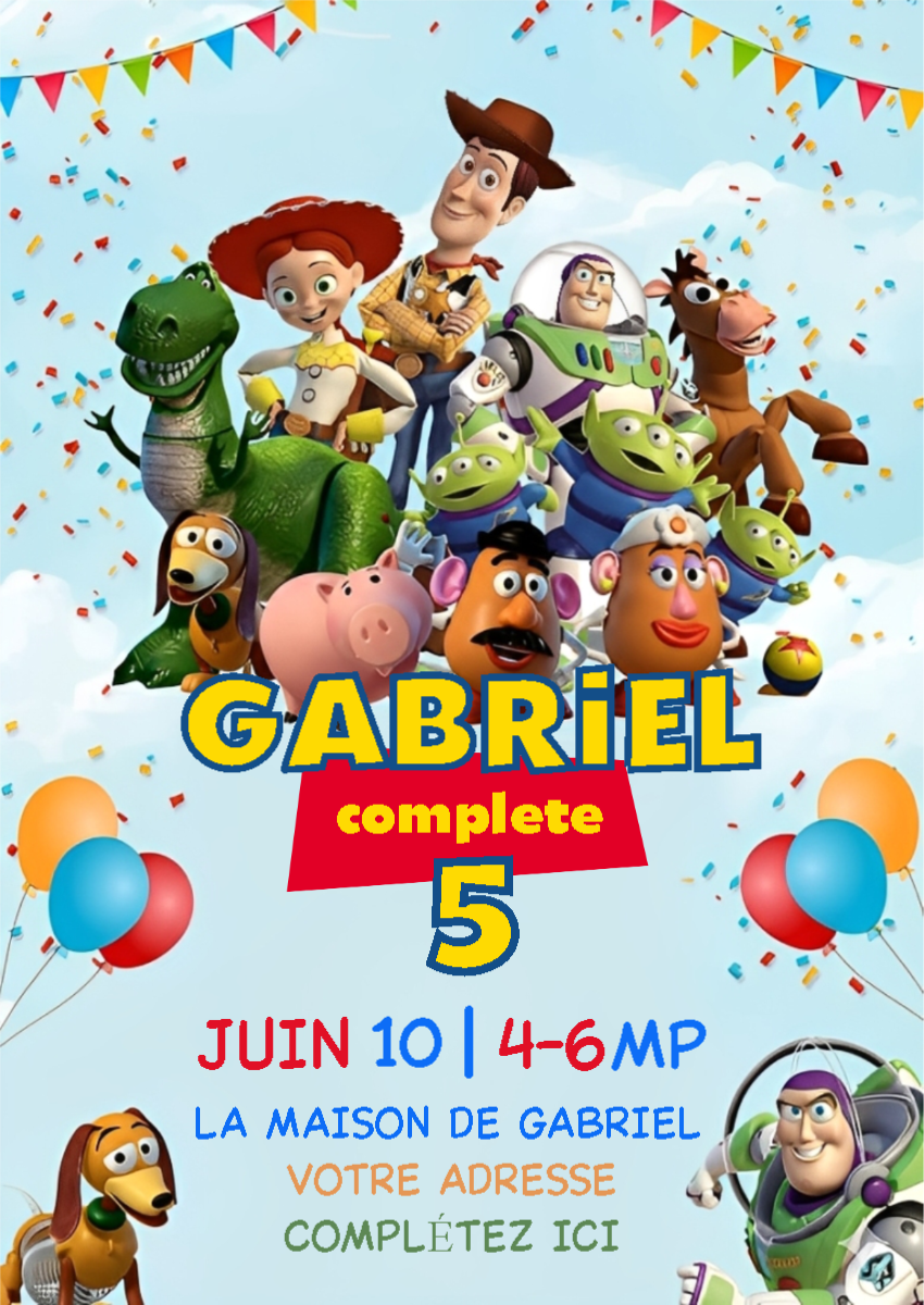 Invitation Anniversaire Toy Story avec Personnages à Modifier