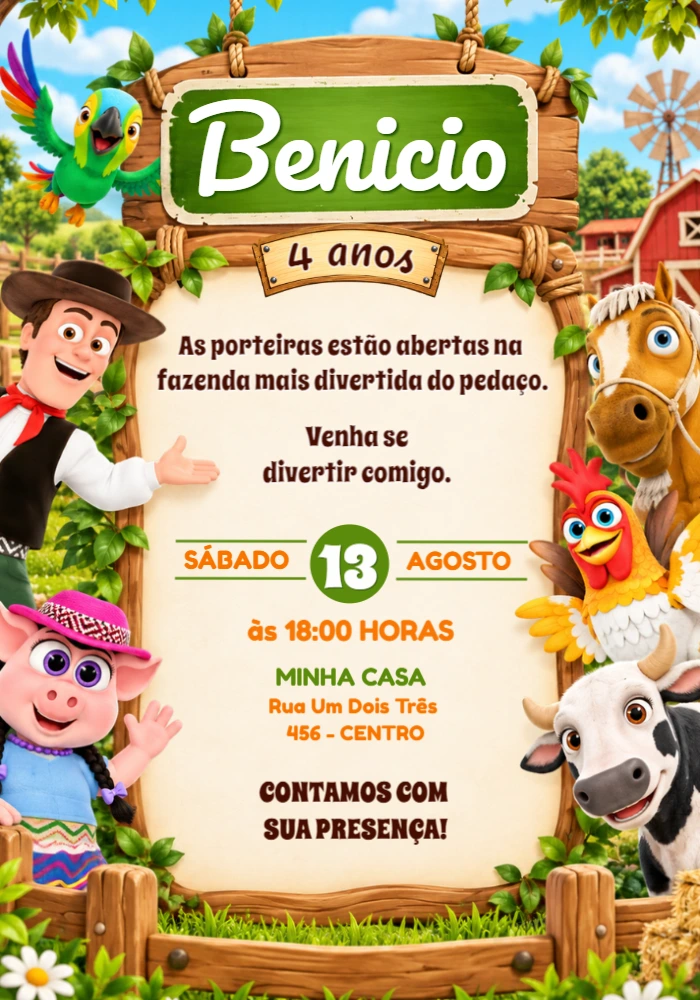 Convite de Aniversário A Fazenda do Zenon Editável Convite de Aniversário A Fazenda do Zenon Editável