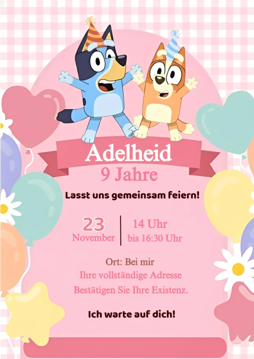 Bluey und Bingo Geburtstagseinladung in Rosa zum Bearbeiten Bluey und Bingo Geburtstagseinladung in Rosa zum Bearbeiten