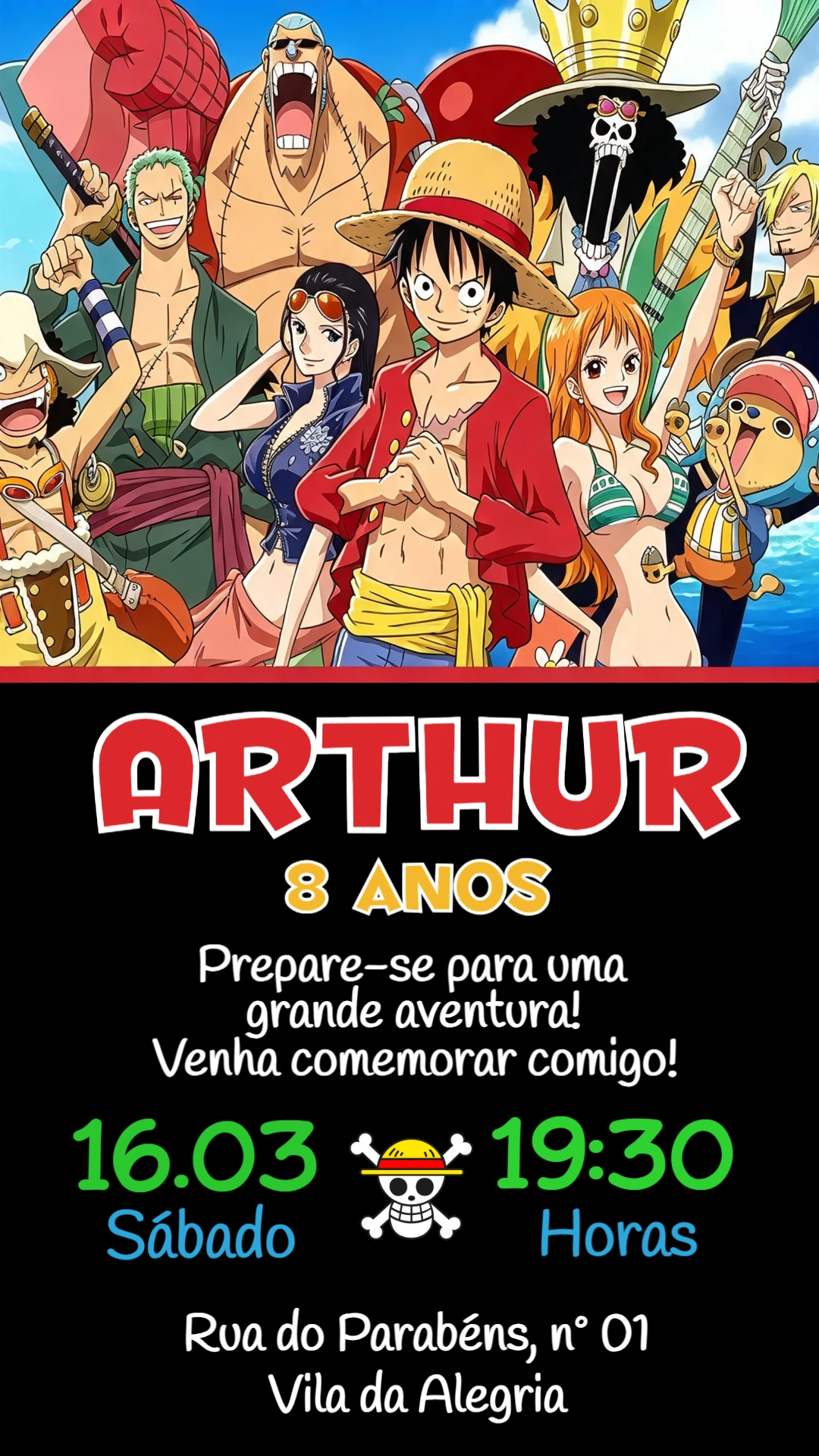Convite Digital One Piece para Aniversário Infantil Editável Convite Digital One Piece para Aniversário Infantil Editável