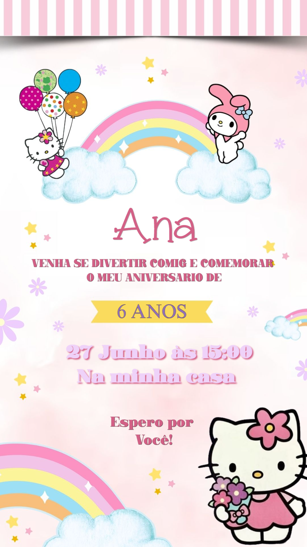 Convite de Aniversário Hello Kitty e Amigos para Editar Online