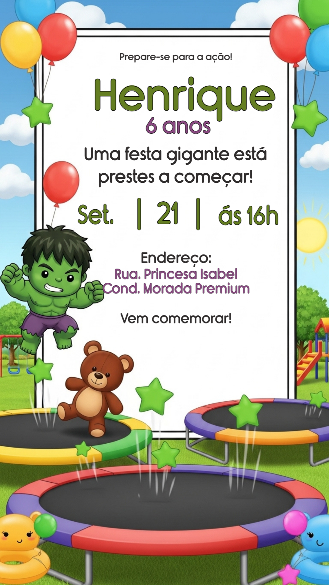 Convite de Aniversário Hulk para Editar e Imprimir Online