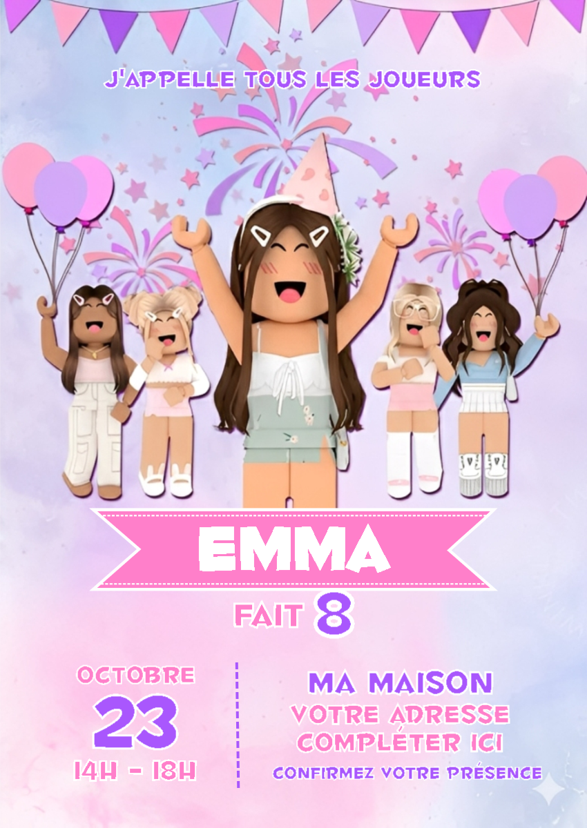 Invitation Anniversaire Roblox Fille à Modifier en Ligne