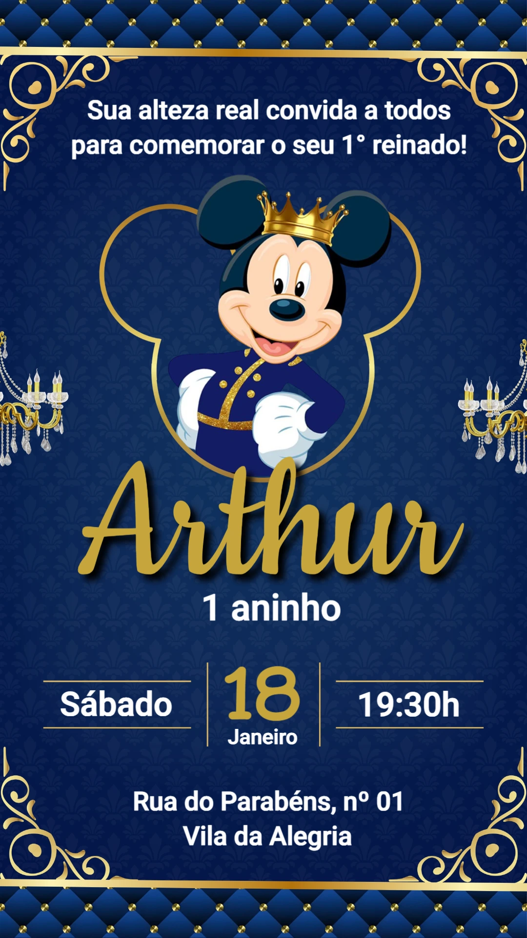 Convite Digital Mickey Realeza: Aniversário Infantil Editável Convite Digital Mickey Realeza: Aniversário Infantil Editável