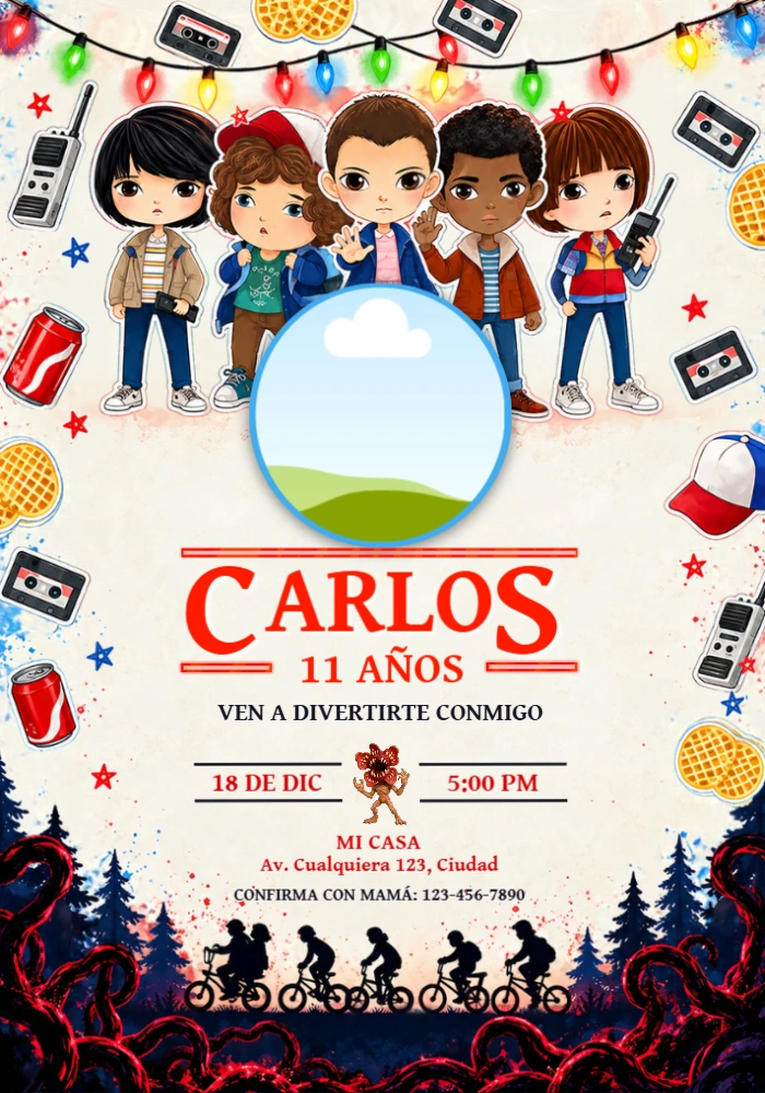 Convite de Aniversário Stranger Things com Foto Editável Convite de Aniversário Stranger Things com Foto Editável