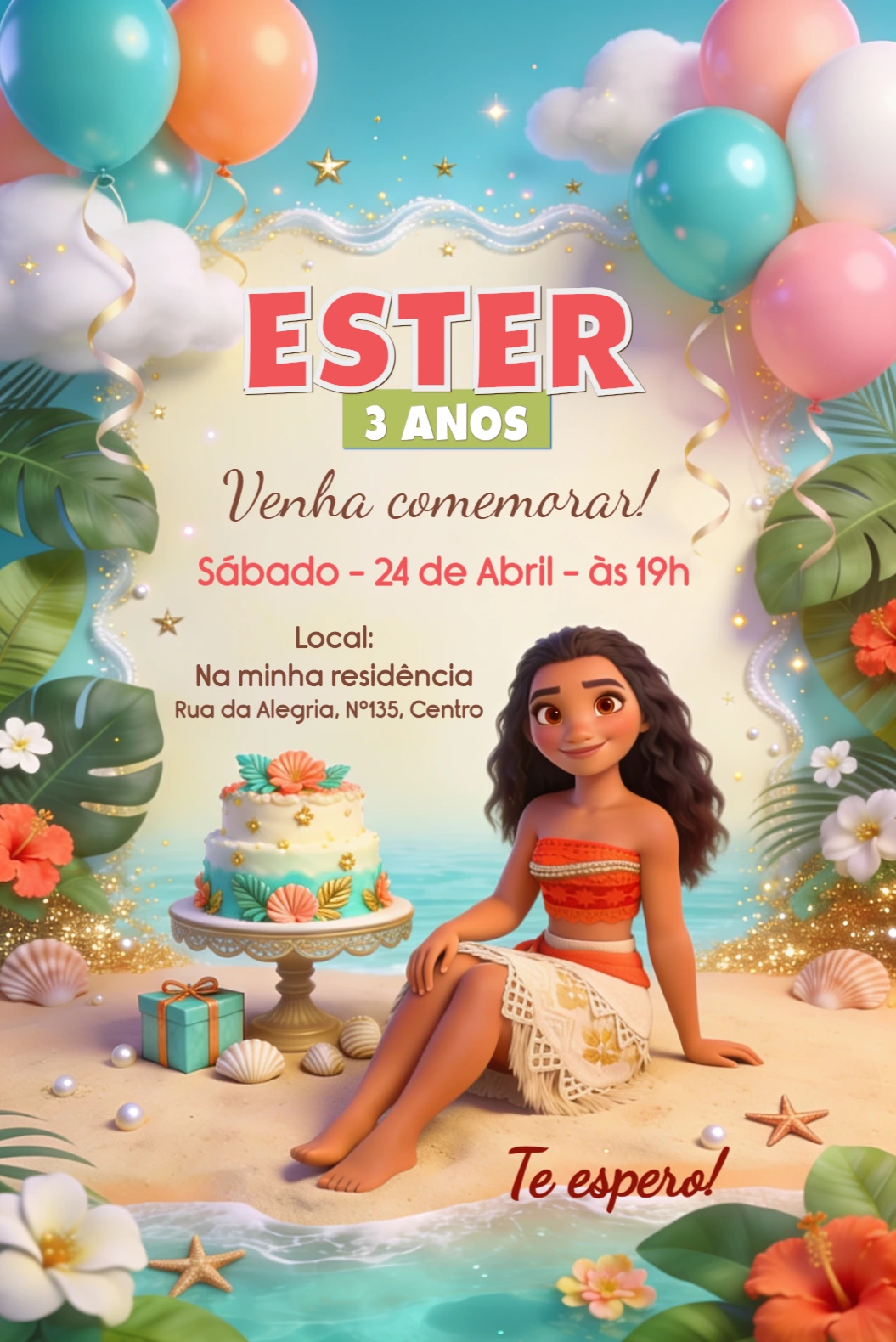 Convite de Aniversário Moana Tropical: Modelo Editável Online Convite de Aniversário Moana Tropical: Modelo Editável Online
