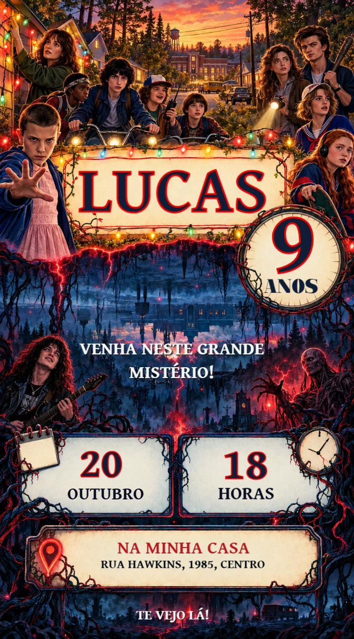 Convite de Aniversário Stranger Things: Modelo Digital Editável Convite de Aniversário Stranger Things: Modelo Digital Editável