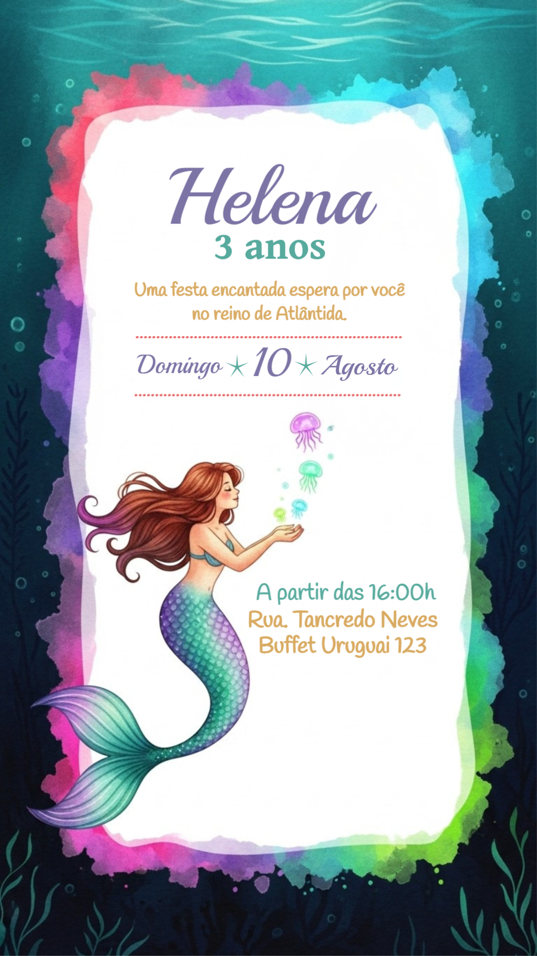 Convite de Aniversário Sereia Fundo do Mar para Editar Online