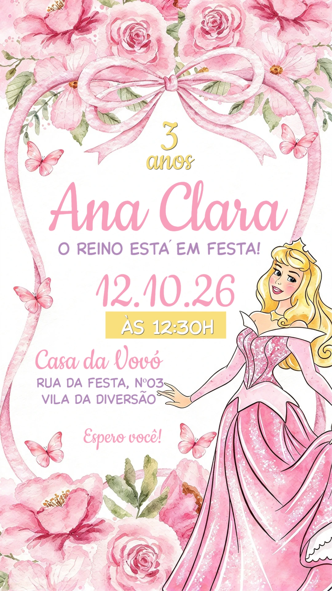 Convite de Aniversário Princesa Aurora: Modelo Digital Editável Convite de Aniversário Princesa Aurora: Modelo Digital Editável