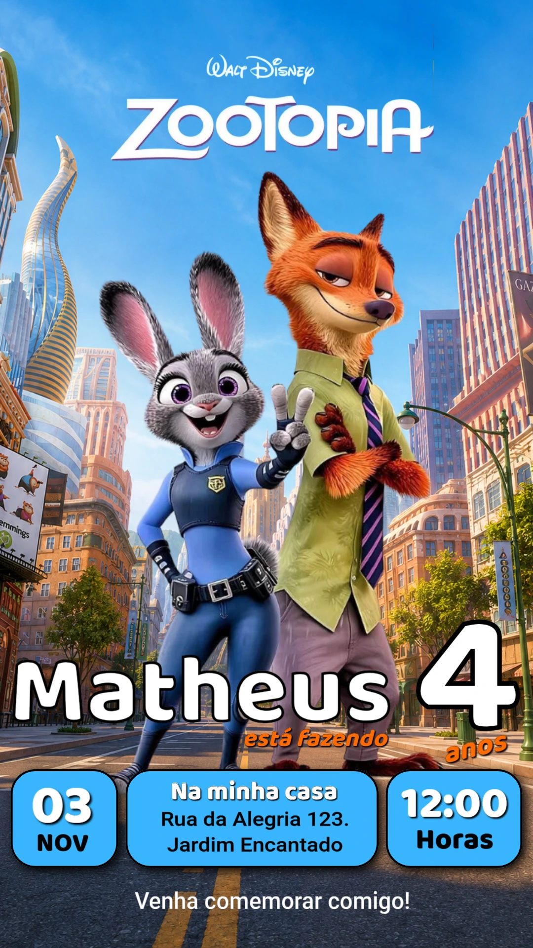 Convite de Aniversário Zootopia com Judy e Nick para Editar Convite de Aniversário Zootopia com Judy e Nick para Editar