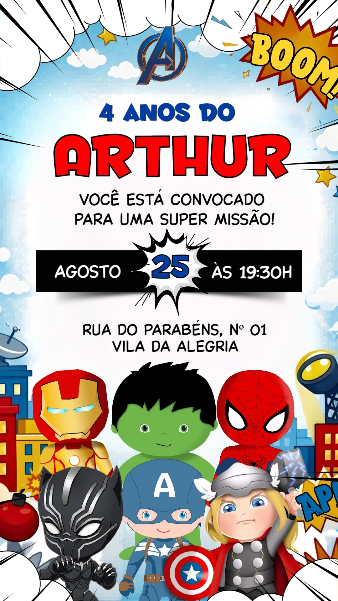 Convite de Aniversário Vingadores Baby Editável Convite de Aniversário Vingadores Baby Editável