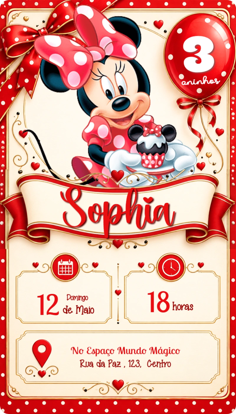 Convite de Aniversário Minnie Vermelha Editável Convite de Aniversário Minnie Vermelha Editável
