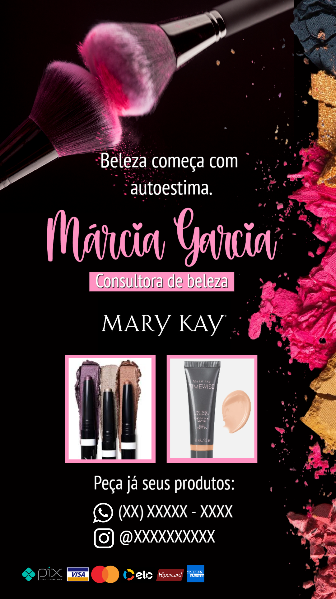 Cartão de Visita Mary Kay Editável com Tema de Maquiagem Cartão de Visita Mary Kay Editável com Tema de Maquiagem