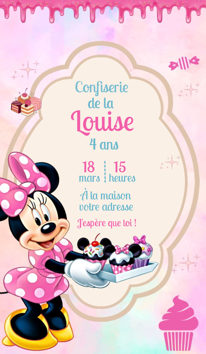 Invitation Anniversaire Minnie Confiserie à Modifier en Ligne Invitation Anniversaire Minnie Confiserie à Modifier en Ligne
